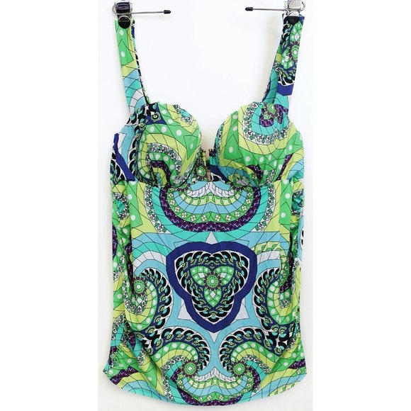 Cacique Swim Swim By Cacique Woman Sz 44 Dd Swim Suit Tankini Top Patterned Green Blue